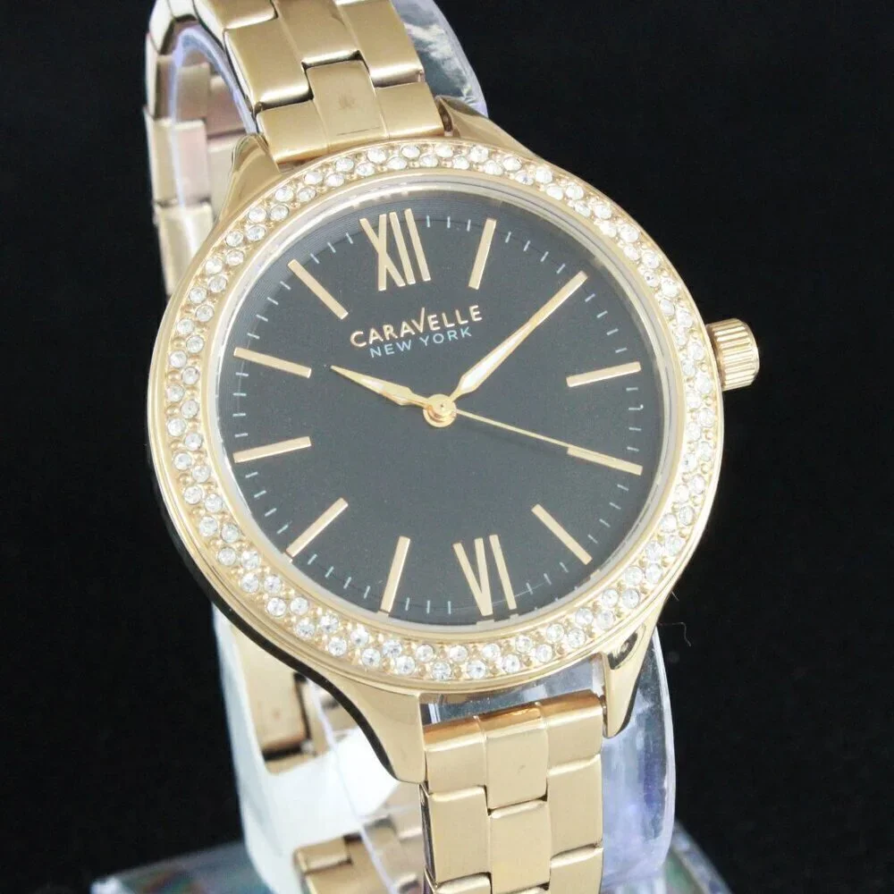 Caravelle New York Ladies Casual Watch Swarovski Crystal Bezel Gold Tone 37mm